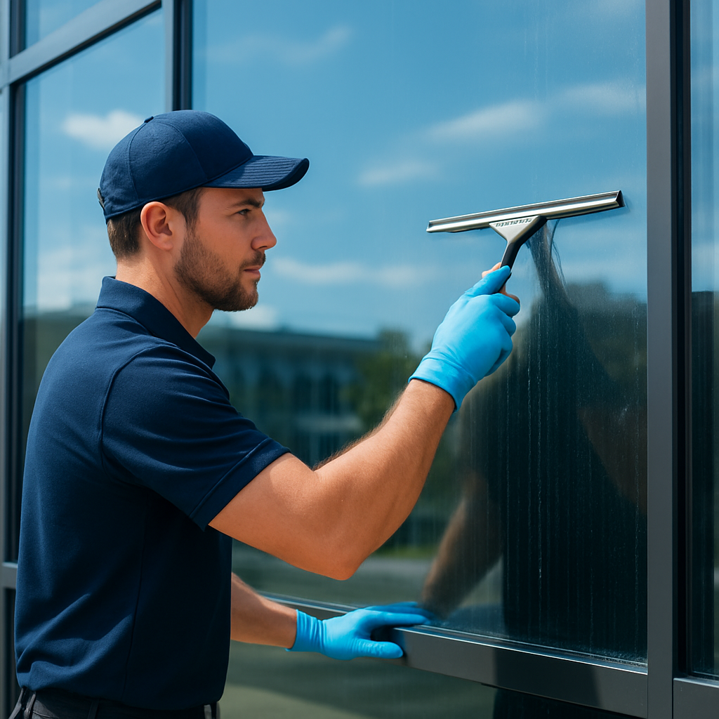 Glasreiniger reinigt streifenfrei ein großes Bürofenster in Frankfurt