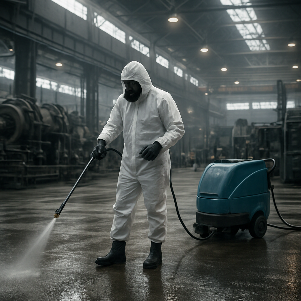 Industriereinigung einer großen Produktionshalle in Frankfurt mit Scheuersaugmaschine