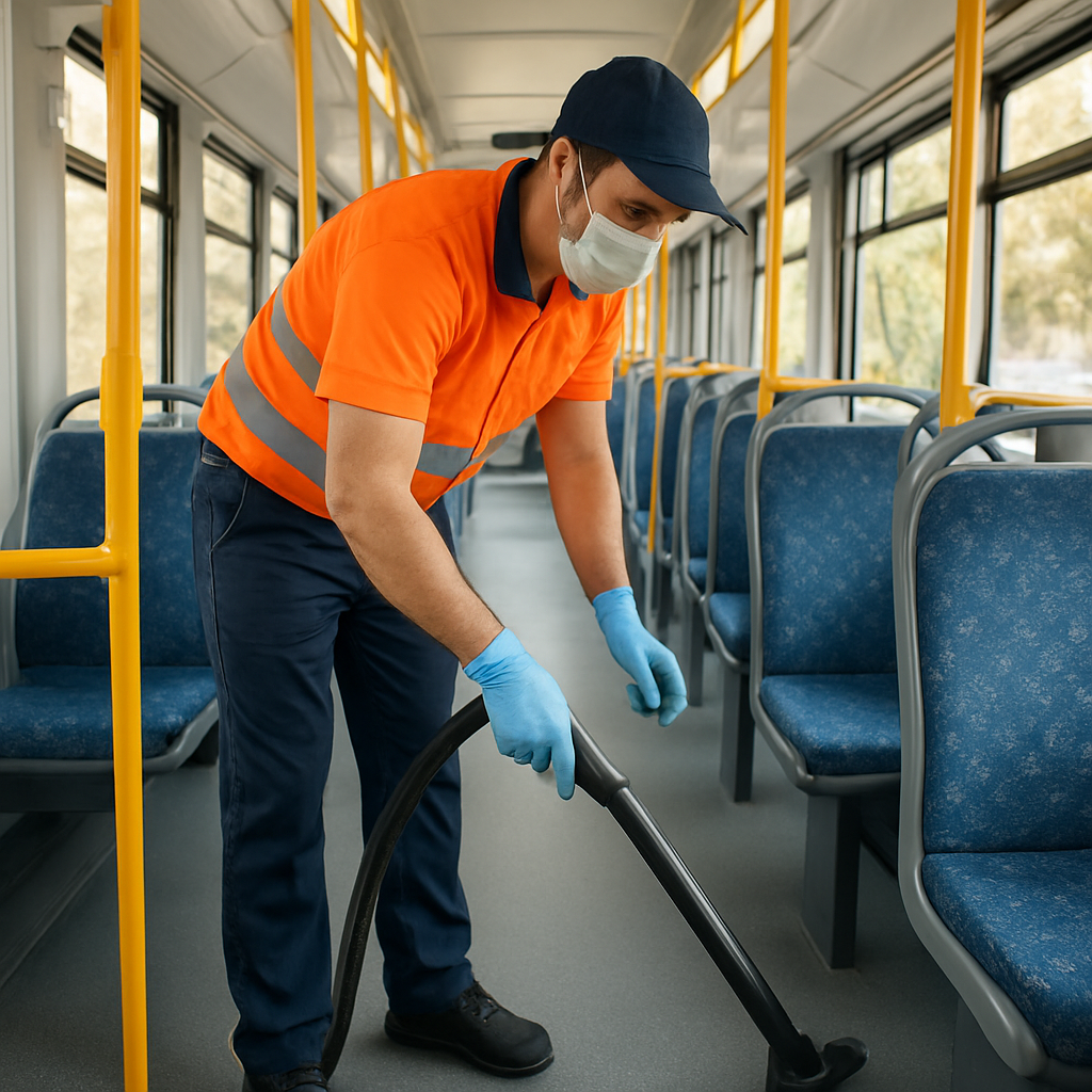 Innenreinigung eines Linienbusses in Frankfurt durch eine Reinigungskraft